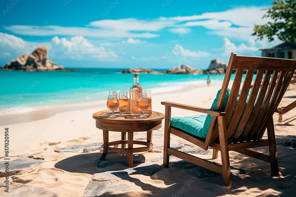 Beach chair and table in a beach bar, resort with sandy beach and sea in the background. Summer vacation concept.