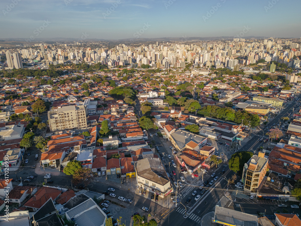 Campinas, Sao Paulo, Brazil. June 23, 2023. Aerial image of three central districts of Campinas: Vila Itapura, Cambuí and Jardim Guanabara. Sunset and blue sky.