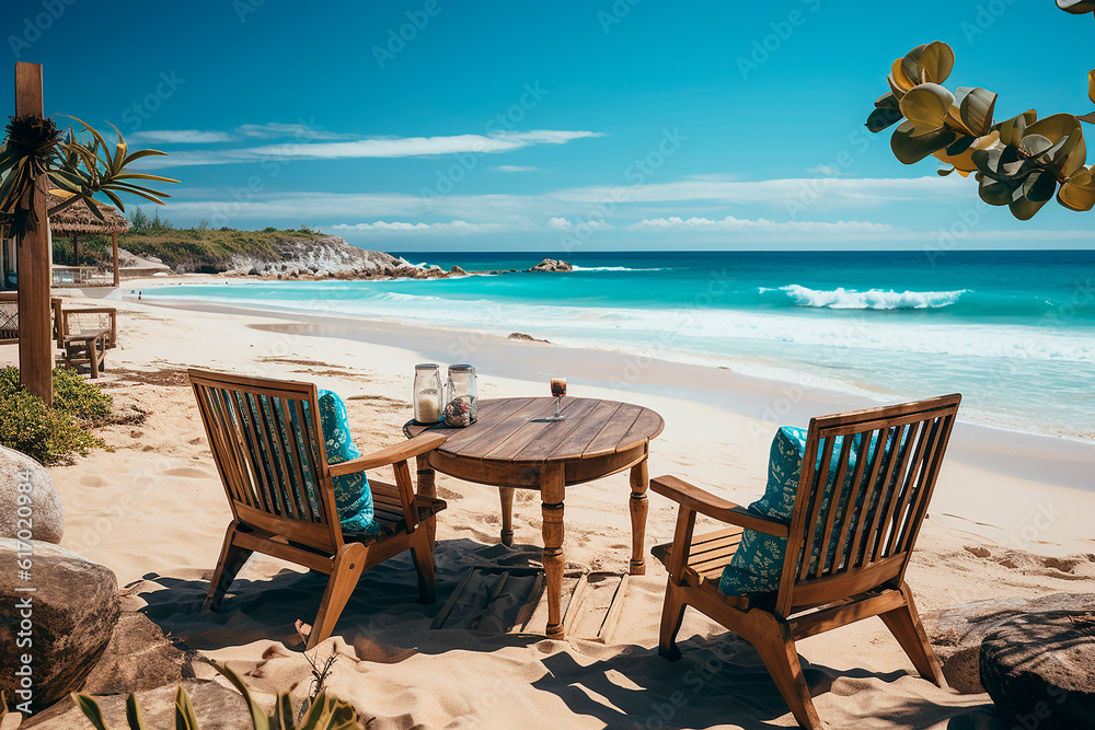 Beautiful beach. Two armchairs and a table with drinks on a sandy beach against the backdrop of the sea. Summer holiday and beach club concept.