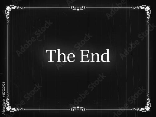 Silent movie cinema vintage border film end screen. Video industry vintage backdrop, cinematography antique screen border or cinema theater black vector frame. Hollywood silent movie end background photo