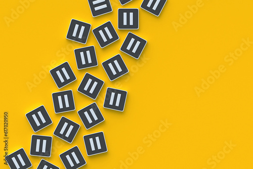 Many scattered pause buttons on yellow background. Listen to music. Watch the video. Control interface for multimedia device. Audio player. Top view. Copy space. 3d render