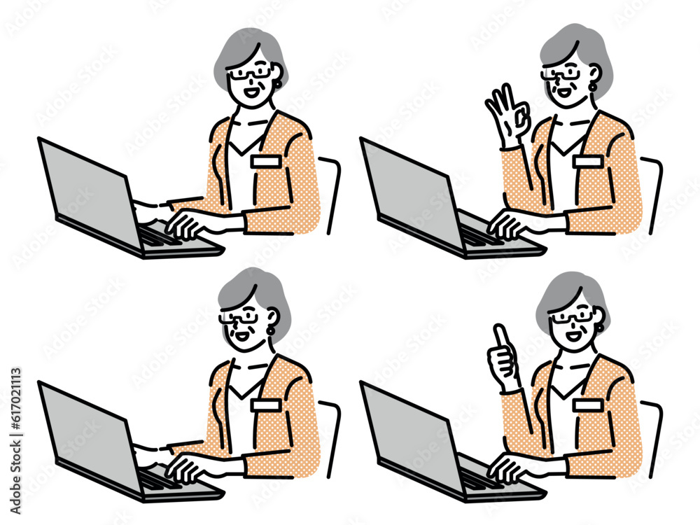 Set of vector illustrations of business women sitting and working on laptops in various poses. Set of vector illustrations of business women sitting and working on laptops in various poses.