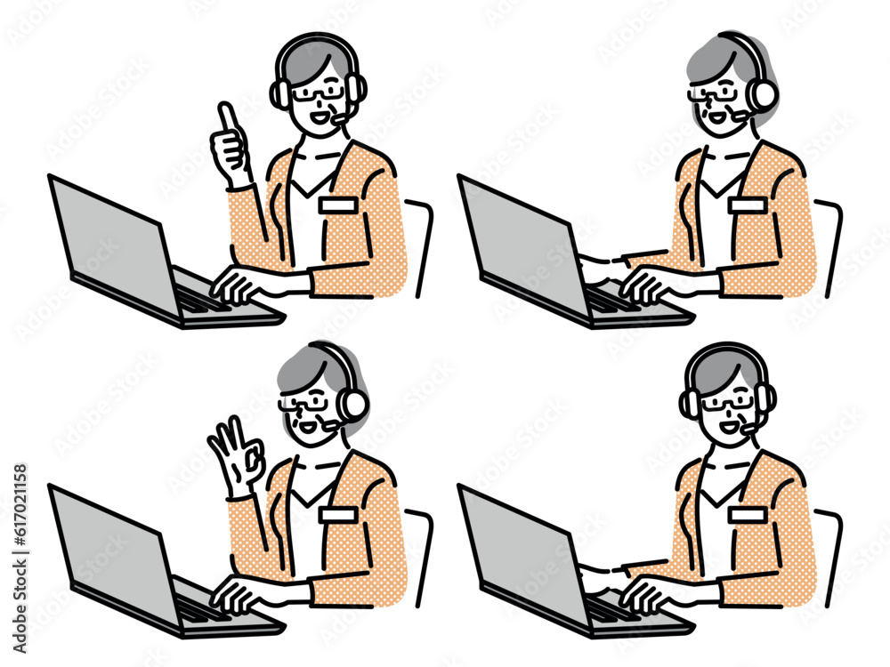 Set of different poses of customer service female employee, business woman wearing headset. Online assistant, consultant wearing headset. Set of different poses of customer service female employee, business woman wearing headset. Online assistant, consultant wearing headset.