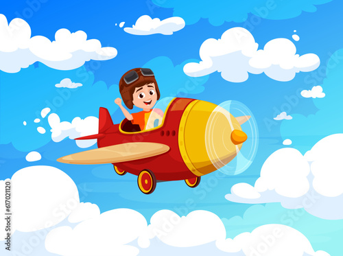 Kid flying on plane in blue cloudy sky. Cartoon child pilot on airplane. Adventurous boy soaring through the fluffy clouds, filled with excitement and wonder. Vector smiling aviator aircraft travel