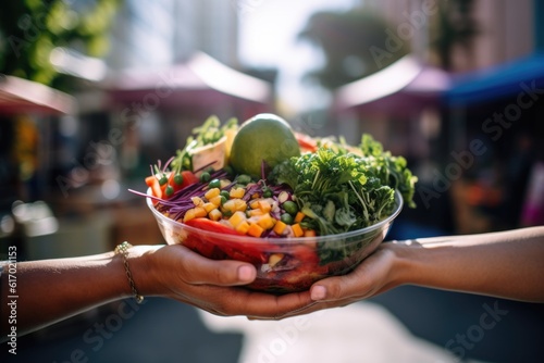 Hands passing a bowl of fresh salad outdoors, with a backdrop of a vibrant farmers market and colorful stalls. The focus is on the persons' hand holding the bowl. Generative AI.