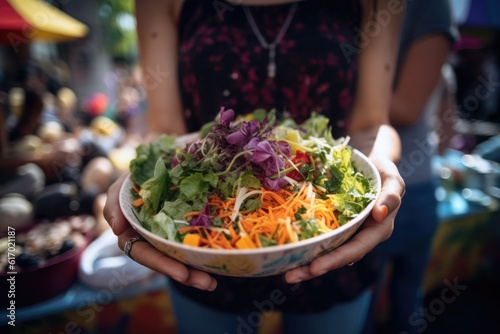 Hands holding a bowl of fresh salad outdoors, with a backdrop of a vibrant farmers market and colorful stalls. The focus is on the persons' hand holding the bowl. Generative AI.