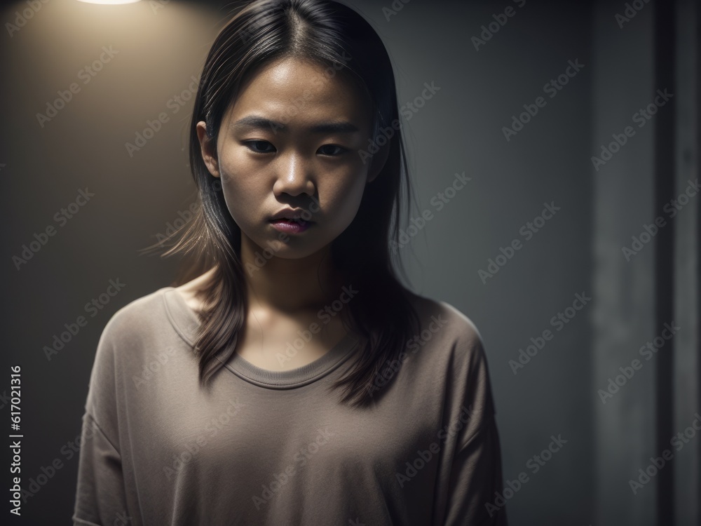 Sad asian teenager girl in dirty torn clothes in dark room. Generative ...