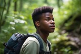 A teenager exploring nature, hiking in a scenic landscape and appreciating the beauty of the outdoors. Close up portrait. Lush greenery, mountains, picturesque trail on the background. Generative AI.