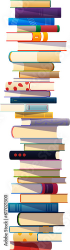 Books stack pile, library or school textbooks heap of literature, vector bookstore books tower. Reading and education books pile heap, study textbooks and dictionaries or novels literature of bookshop