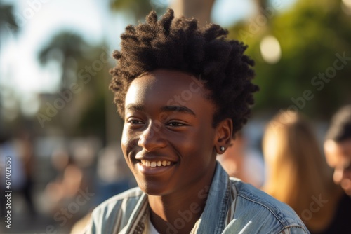 A black-skinned african american adolescent teenage boy enjoying spending quality time with friends, engaging in conversation, laughter, outdoor activities together. Jovial atmosphere. Generative AI.
