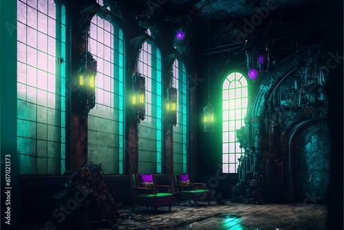neogothic victorian palace room cyberpunk interior design loft with a huge window and plenty of wires and screens scifi grunge punk slums night club graffiti on the wall cyberpunk city in the window  photo