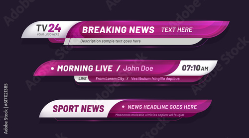Purple news bar lower third header, tv headline. Vector video titles, television information lines. Modern violet and white graphic overlay isolated template. Broadcast strips, layout with text