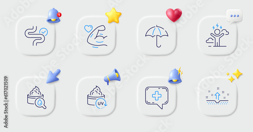 Difficult stress, Umbrella and Moisturizing cream line icons. Buttons with 3d bell, chat speech, cursor. Pack of Medical chat, Clean skin, Digestion icon. Strong arm, Uv protection pictogram. Vector
