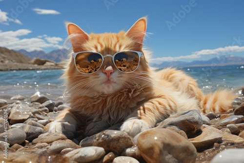 Cat in sunglasses playing on the beach early in the morning, panorama, nice view, sea landscape, morning light. Generative Ai.