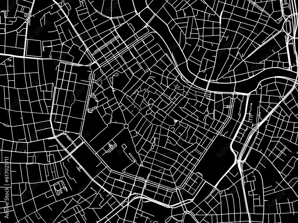Vector road map of the city of  Wien Zentrum in the Austria on a black background.