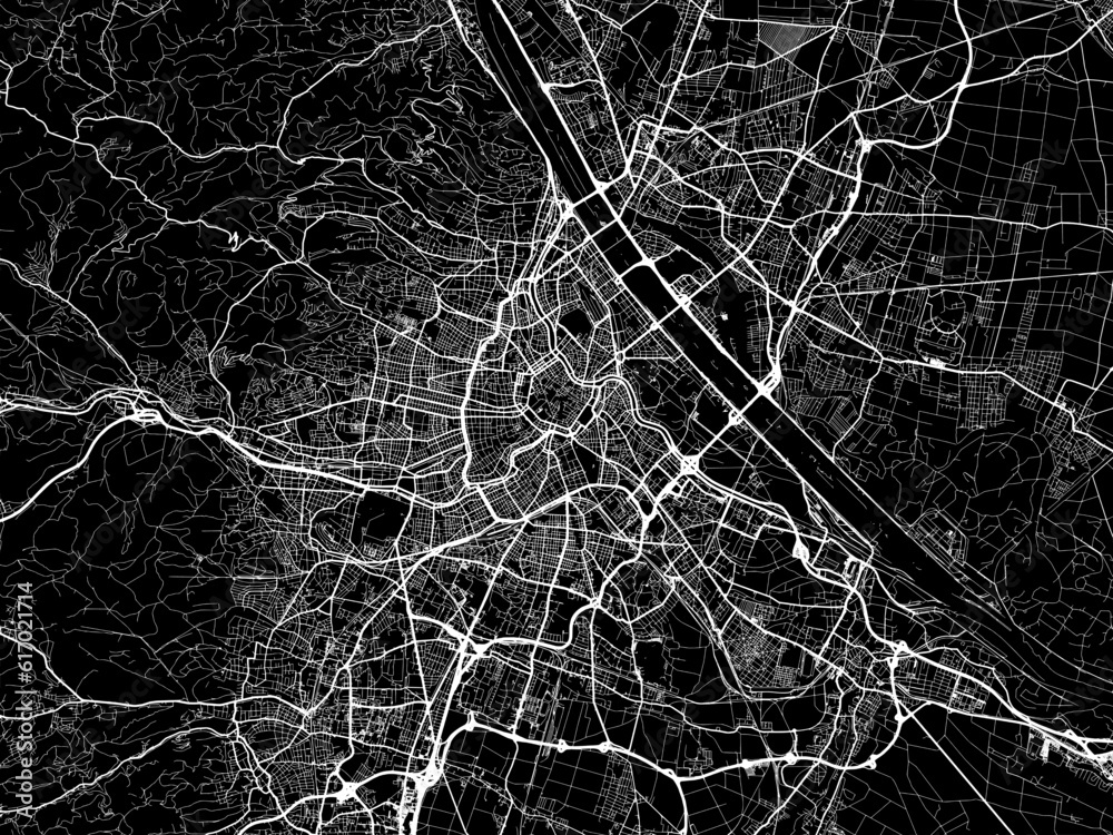 Vector road map of the city of  Wien in the Austria on a black background.