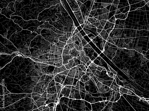Vector road map of the city of Wien in the Austria on a black background.