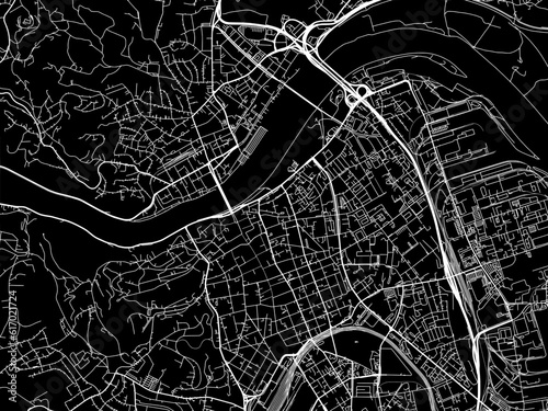 Vector road map of the city of  Linz centrum in the Austria on a black background.