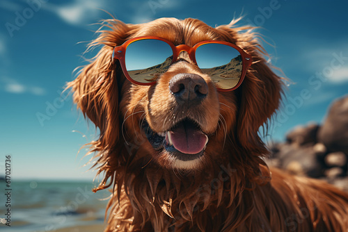 Happy dog in sunglasses playing on the beach early in the morning, panorama, nice view, sea landscape, morning light. Generative Ai.
