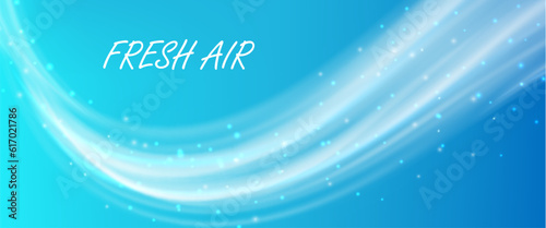 Fresh air flow, cold white wind effect, blowing mist, smoke or winter blizzard trail on blue background. Realistic 3d vector smoky stream motion, conditioner, aroma spray whirl, freezing vapor, fog