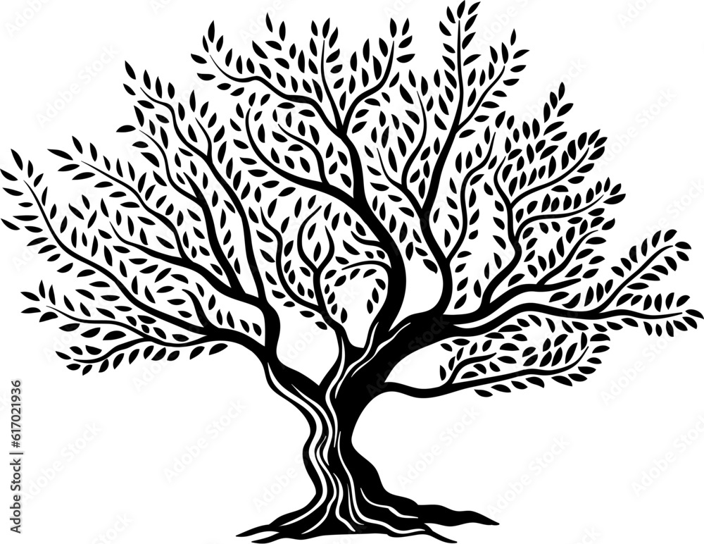 Obraz premium Olive tree isolated silhouette icon with leaves for olive oil vector label. Organic food product package emblem and olive tree silhouette sign of nature, plant for eco or bio extra virgin olive oil