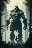 Forest Giant man mucular gental looking 40 feet tall dynamic colorsaction scene Cinematic epic scene extremely sharpen detailed 8k 