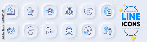 Smile chat, Online chemistry and Breathing exercise line icons for web app. Pack of Discount, Analysis app, Online auction pictogram icons. Health skin, Safe time, Brain working signs. Vector