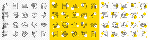 Outline Chart, Power and Cyber attack line icons pack for web with Copy documents, Canister oil, Energy inflation line icon. Send mail, Headphones, Safe time pictogram icon. Vector