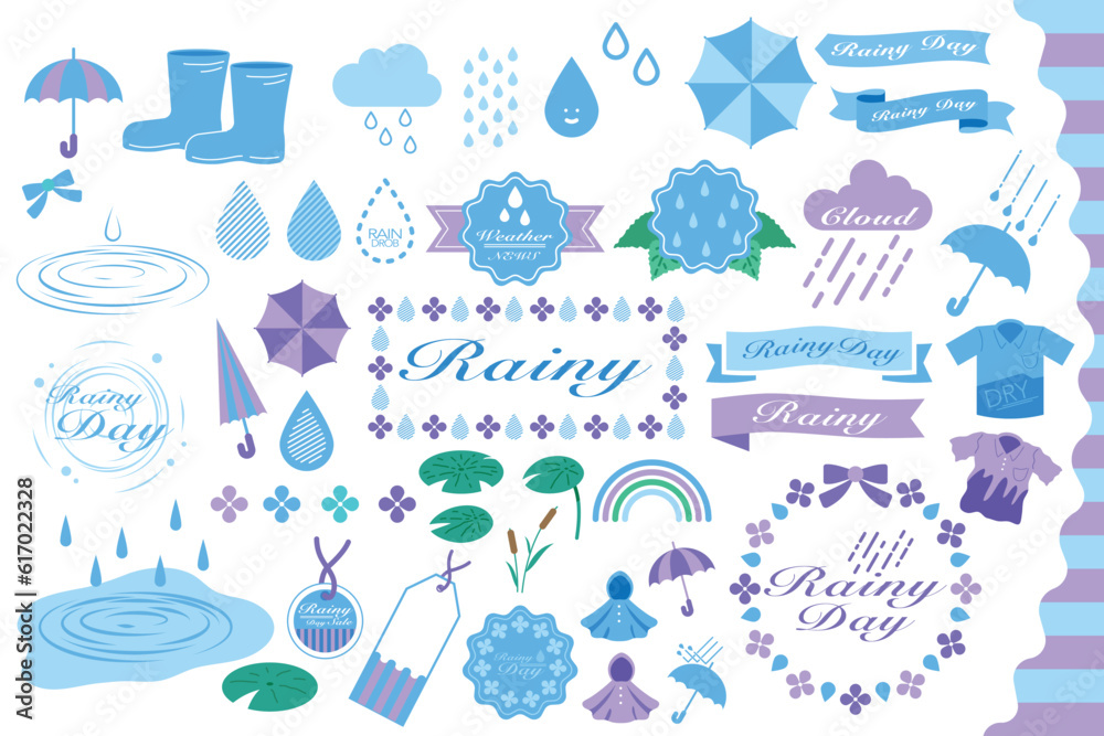 A set of clipart decorations with a rainy season theme