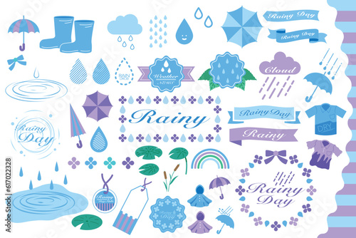 A set of clipart decorations with a rainy season theme