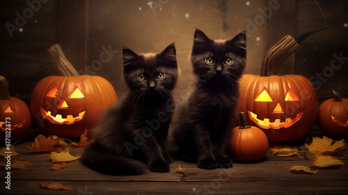 Kittens in Halloween costumes. Trick or Treat. Background on a festive theme. Gloomy Halloween background. October 31. AI Generative.