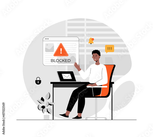 Blocking, banned user account on social media. Error, access is denied. Account safety and secure. Illustration with people scene in flat design for website and mobile development.