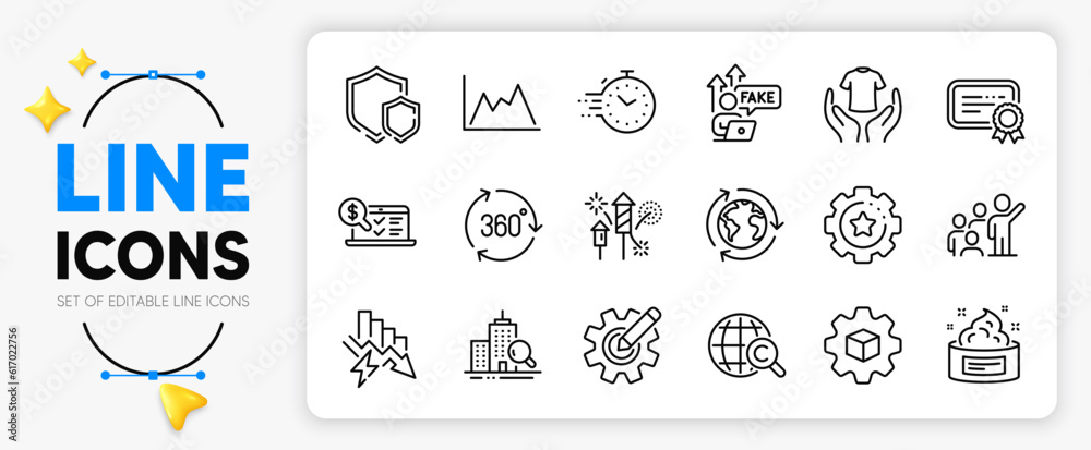 Online accounting, Fake internet and Certificate line icons set for app include Timer, Saving electricity, Inspect outline thin icon. Leadership, Outsourcing, Hold t-shirt pictogram icon. Vector
