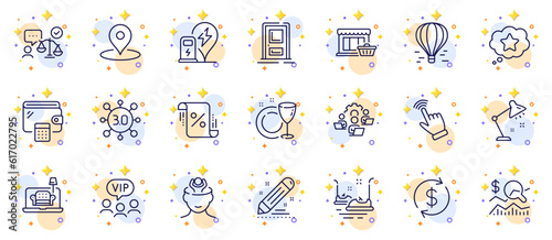 Outline set of Bumper cars, Wallet and Marketplace line icons for web app. Include Cursor, Check investment, Table lamp pictogram icons. Vip clients, Air balloon, Lawyer signs. Vector