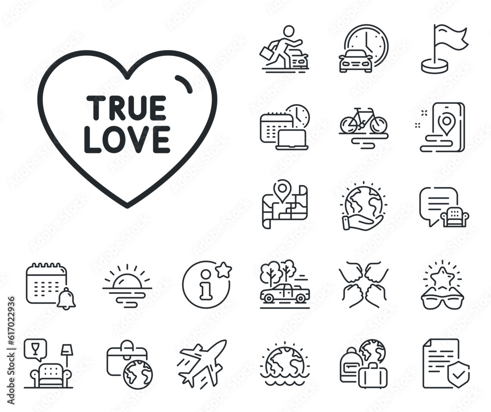 Sweet heart sign. Plane jet, travel map and baggage claim outline icons. True love line icon. Valentine day symbol. True love line sign. Car rental, taxi transport icon. Place location. Vector