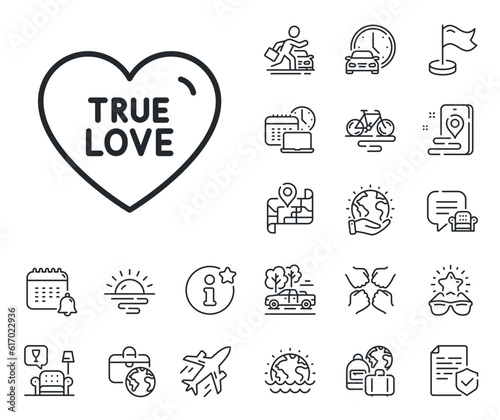 Sweet heart sign. Plane jet, travel map and baggage claim outline icons. True love line icon. Valentine day symbol. True love line sign. Car rental, taxi transport icon. Place location. Vector