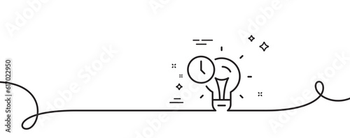 Time management line icon. Continuous one line with curl. Idea lightbulb sign. Clock symbol. Time management single outline ribbon. Loop curve pattern. Vector