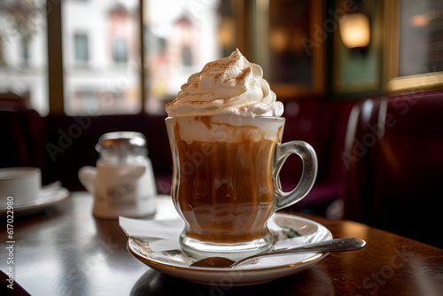 Tasty Viennese coffee in glass cup with whipped cream and cinnamon in cafe. Close up. Generative AI. photo