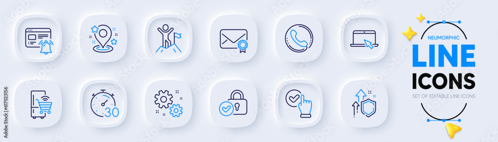 Checkbox, Internet notification and Pin line icons for web app. Pack of Call center, Timer, Portable computer pictogram icons. Verified locker, Refrigerator, Improving safety signs. Vector Checkbox, Internet notification and Pin line icons for web app. Pack of Call center, Timer, Portable computer pictogram icons. Verified locker, Refrigerator, Improving safety signs. Vector