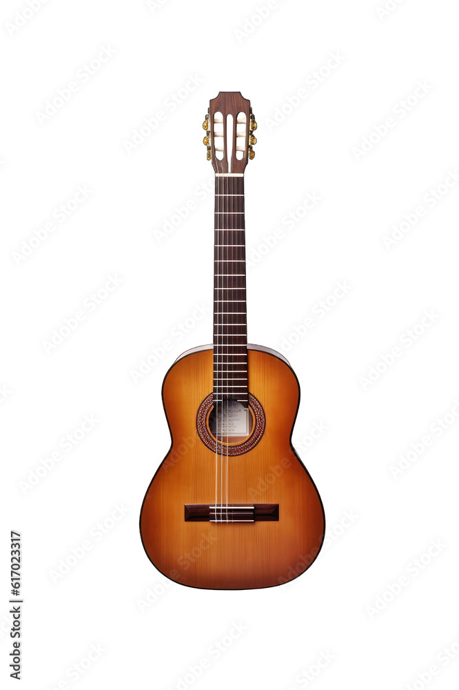 Top view of a wooden spanish classical guitar on a cutout PNG transparent background. Generative AI