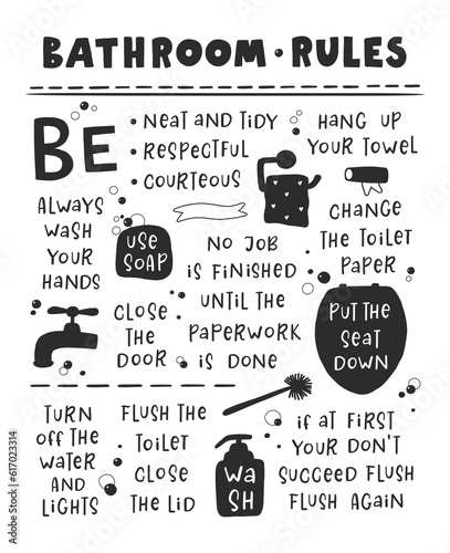 Bathroom Rules Quotes. Toilet usage rules.  It can use for public, private place, corporate office. Wording Design, Lettering Design, Home Decor.
