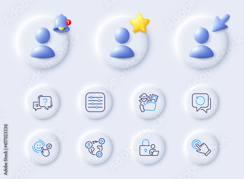 Fraud, Filter and Video conference line icons. Placeholder with 3d cursor, bell, star. Pack of Question mark, Recovery data, Customer satisfaction icon. Touchscreen gesture, Lock pictogram. Vector