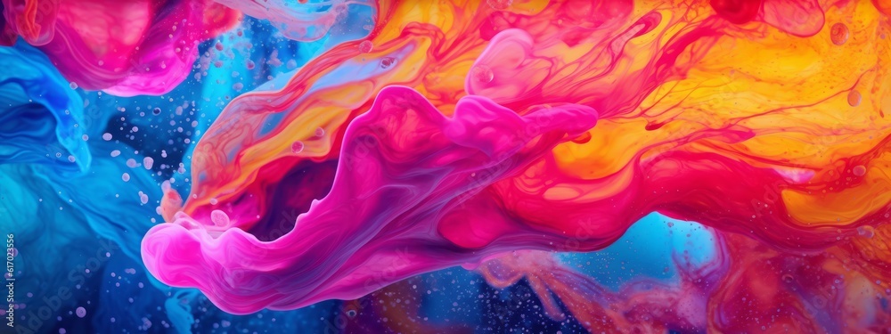 A mesmerizing image of swirling liquid in vibrant colors, reminiscent of paint or ink, creating a captivating and abstract visual experience. Web banner backdrop. Generative Ai A mesmerizing image of swirling liquid in vibrant colors, reminiscent of paint or ink, creating a captivating and abstract visual experience. Web banner backdrop. Generative Ai