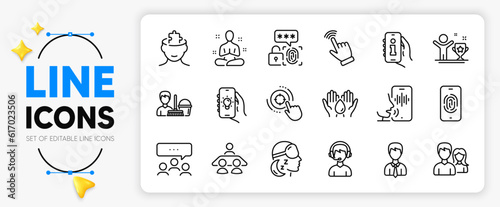 Voicemail, Interview job and Yoga line icons set for app include Businessman, Electric app, Biometric security outline thin icon. Cursor, Meeting, Consultant pictogram icon. Insomnia. Vector