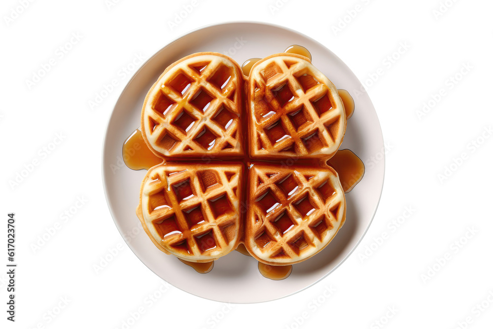 Belgian Waffles With Honey On White Plate, On Isolated Transparent Background, Png. Generative AI Belgian Waffles With Honey On White Plate, On Isolated Transparent Background, Png. Generative AI