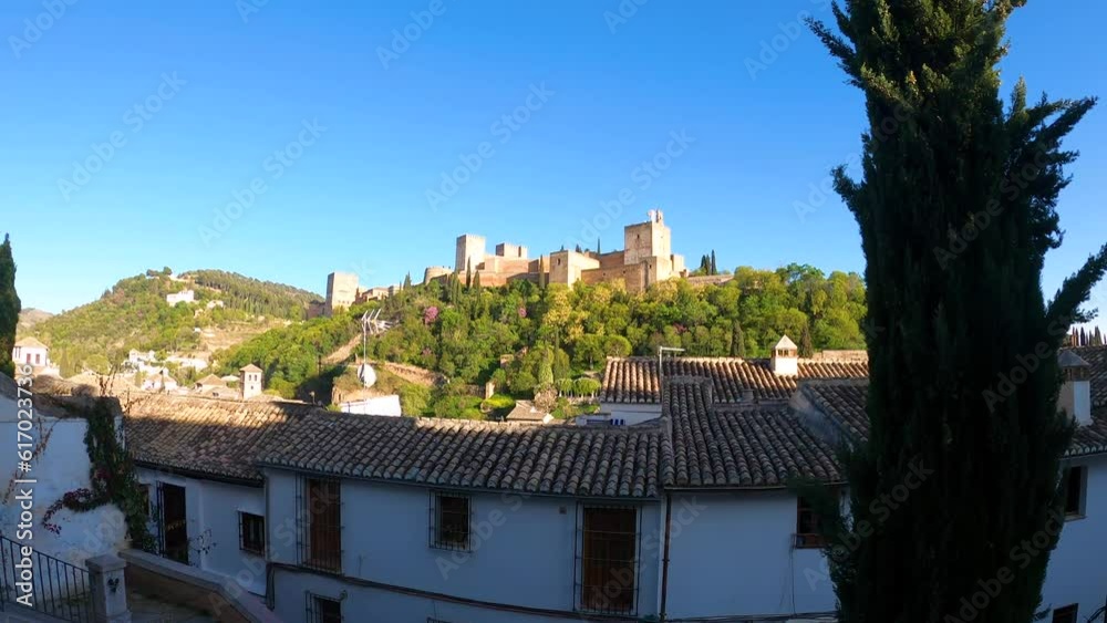 Panoramic view of ancient arabic fortress of Alhambra in Granada, Spain on April 5, 2023 Panoramic view of ancient arabic fortress of Alhambra in Granada, Spain on April 5, 2023