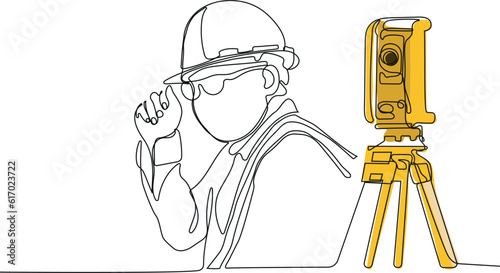 Close up of Caucasian worker with helmet on head using tablet for work while standing in warehouse. Surveyor with a tripod icon. Geodesic tripod. Vector illustration