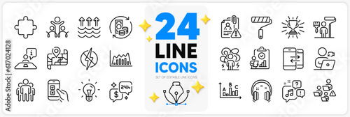 Icons set of Consulting, Mobile survey and Survey results line icons pack for app with Trophy, Phone communication, Teamwork thin outline icon. Group, Idea, Paint roller pictogram. Vector