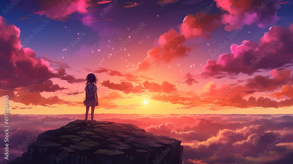 Silhouette of a person on the top of the mountain - Awe-Inspiring sunset: 3D illustration of an anime girl amidst nature's beauty, wallpaper, Generative AI
