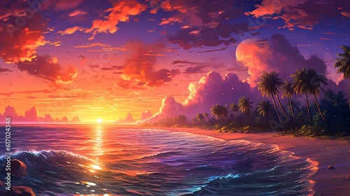 Sunset dreams in anime: Discover the serenity of the Maldives - sunset over the ocean, wallpaper - wallpaper, Generative AI